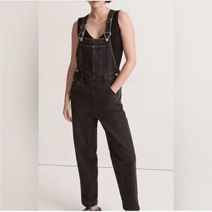 Madewell Black Denim Straight Leg Cuff Overalls Silver Hardware Size LG